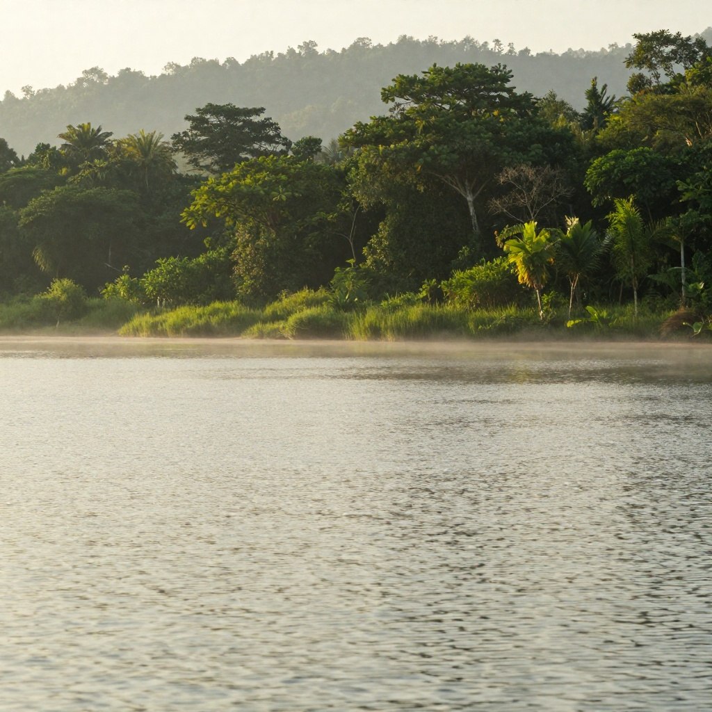 Calm waters of Temenggor Lake at the edge of the rainforest
