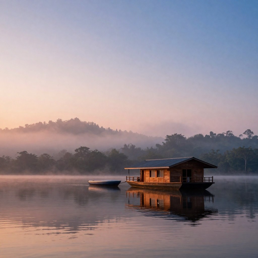 Private houseboat rental on Temenggor Lake at sunrise